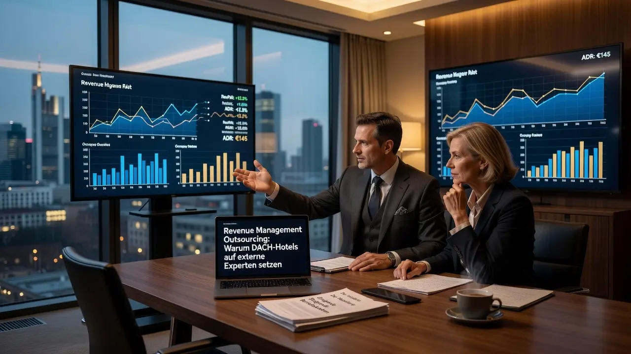 Professional header image for industry analysis: Revenue Management Outsourcing: Warum DACH-Hotels auf ext...