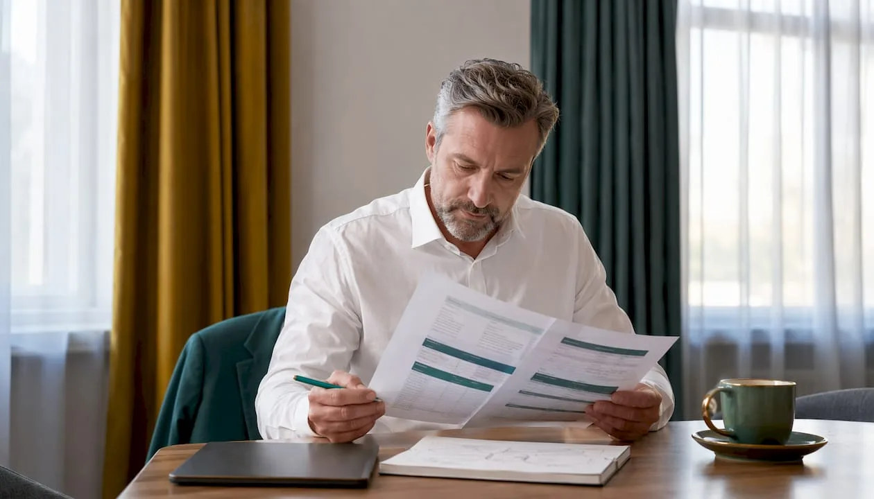 Ein Hotelmanager verschafft sich einen Überblick über verschiedene Broschüren zu Buchungssoftware.
