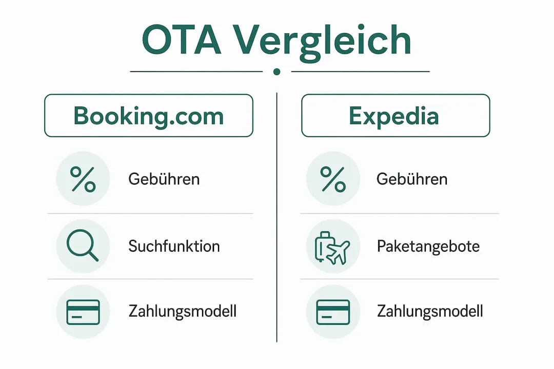 Vergleichsgrafik: Die wichtigsten Funktionen von Booking.com und Expedia im Überblick