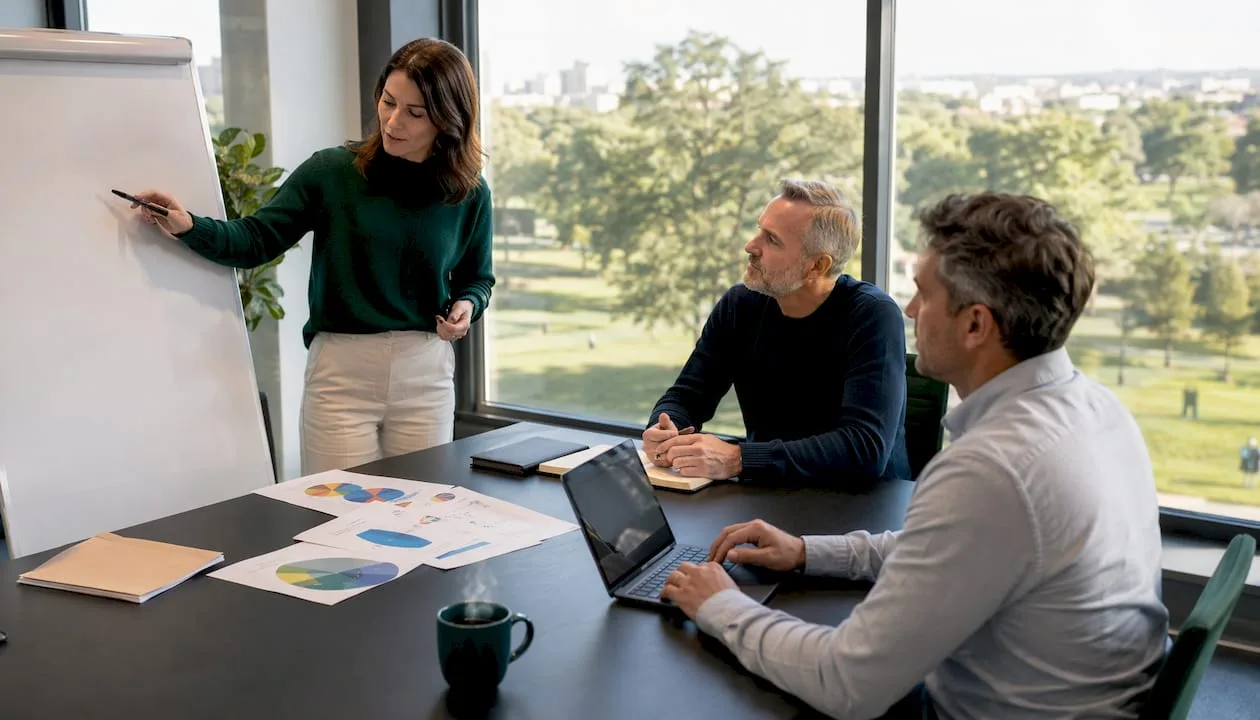 Das Team tauscht sich am Tisch über die neue Hotelsoftware aus.