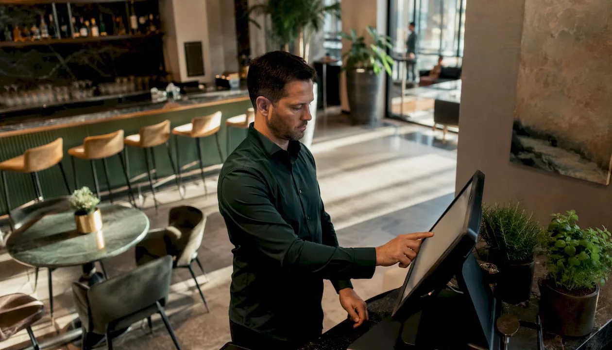 Ein Hotelmanager bedient den Self-Check-in-Automaten in der Hotellobby.