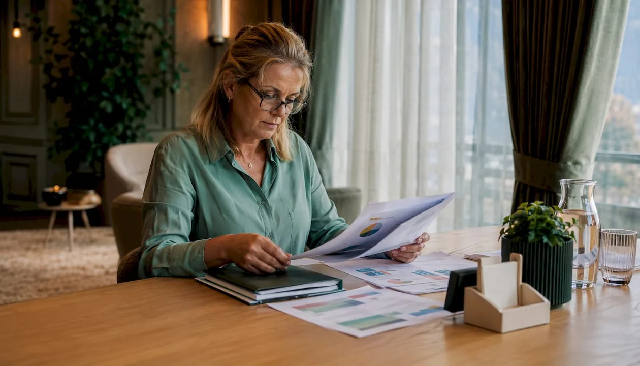 Ein Hoteldirektor sitzt an seinem Schreibtisch und verschafft sich mit Hilfe von BI-Reports einen aktuellen Überblick über die Geschäftszahlen.